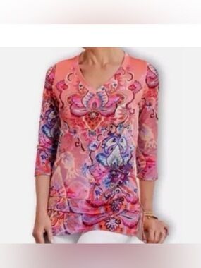 Soft Surroundings Reyes Coral Floral Knit Tunic Top Sz L Lightweight Travel cozy